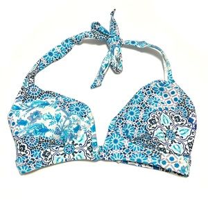 Kona Sol White Blue Patterned Bikini Top Adjustable Halter NWOT S